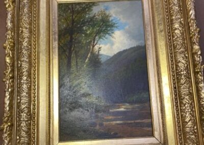 Hudson Valley school of art with frame. Gilded frame, oil painting.